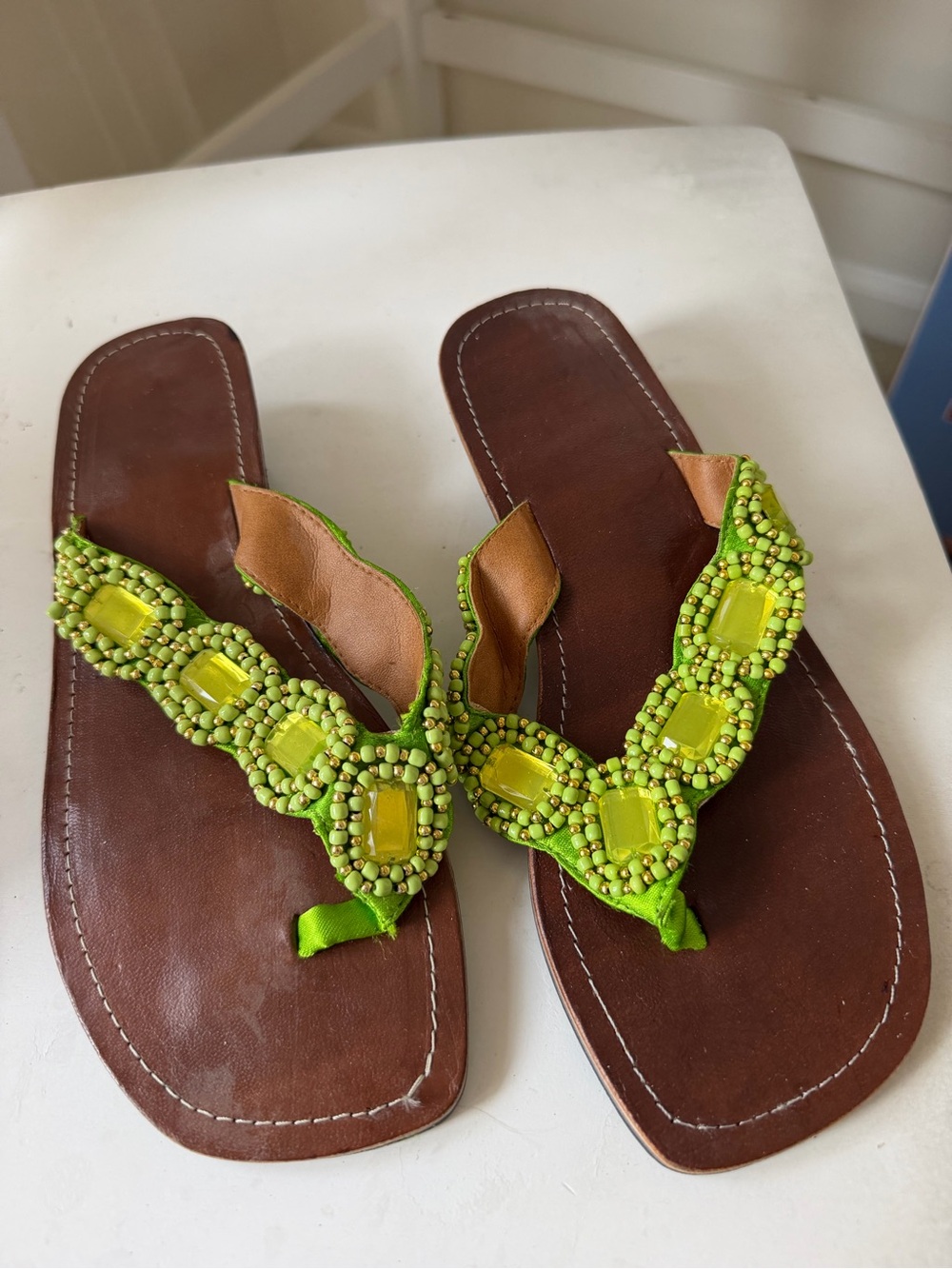 Lime Beaded Thong Sandals for Women